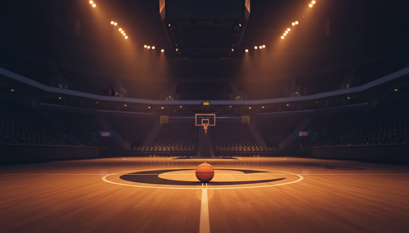Cancha de baloncesto profesional iluminada con foco central antes de un partido de la NBA