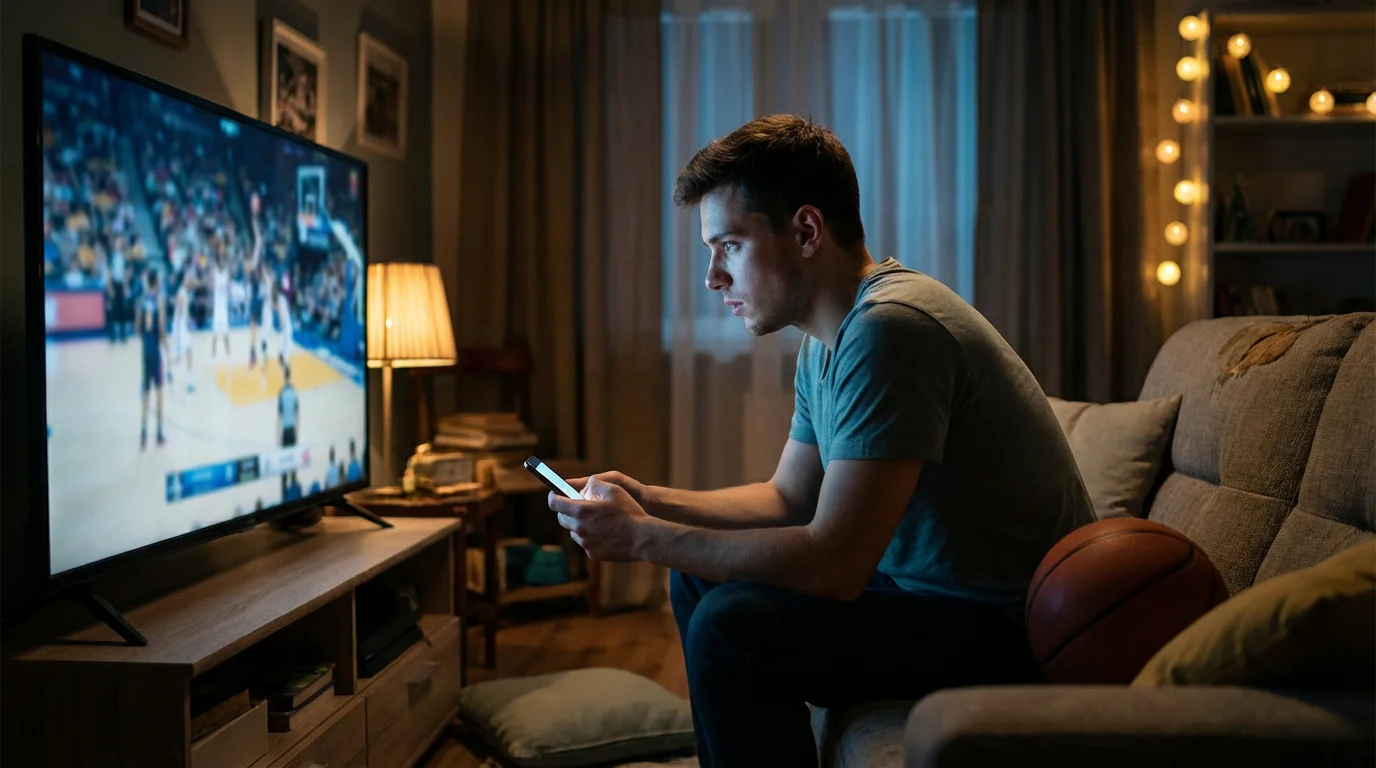 Apuestas en vivo de baloncesto: aficionado viendo un partido de basket en directo con el móvil en la mano
