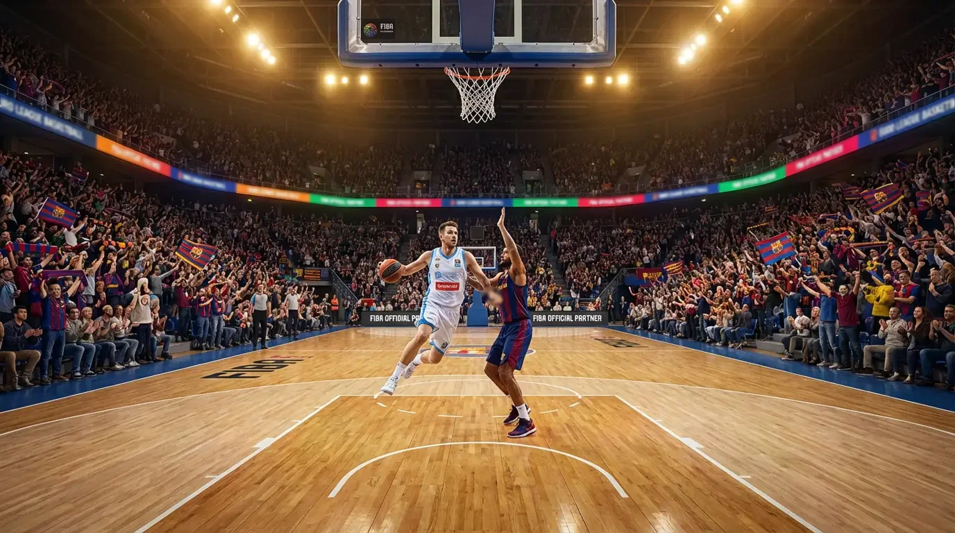 Apuestas Euroliga y ACB: partido de baloncesto europeo en un pabellón con ambiente de grada