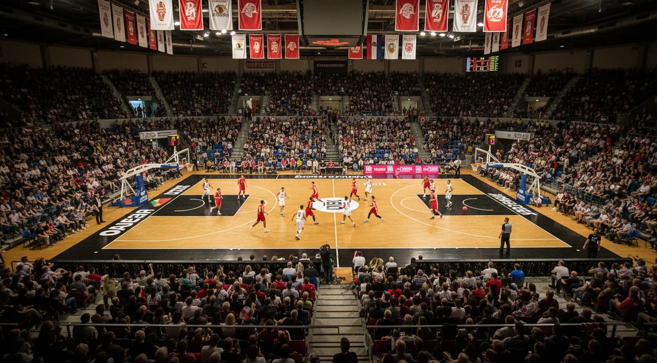 Pabellón de baloncesto europeo durante un partido de Euroliga con aficionados en las gradas