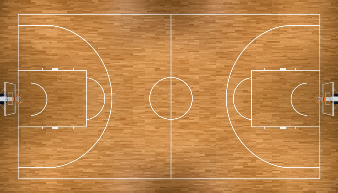 Vista cenital de una cancha de baloncesto con líneas de triple FIBA pintadas sobre superficie de parquet
