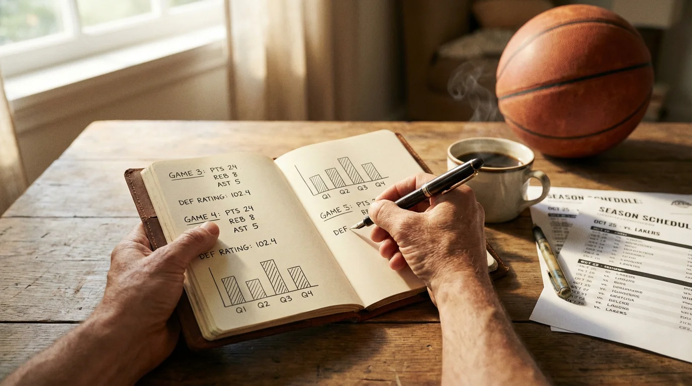 Estrategias para apuestas de baloncesto: analista revisando estadísticas de un partido en un cuaderno