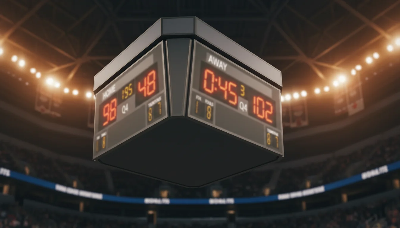 Marcador electrónico de baloncesto mostrando puntuación de un partido con gradas de fondo