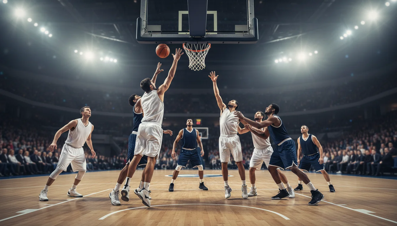 Partido de baloncesto NBA con jugadores disputando el balón bajo la canasta en pista cubierta