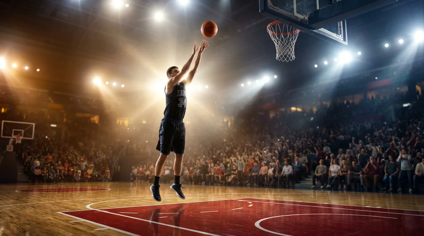 Tipos de apuestas de baloncesto: jugador lanzando a canasta en un pabellón deportivo